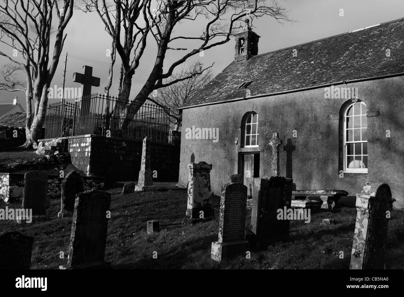 The old church at Kilninian (built 1755, ten years after the Jacobite Rising) Kilninian, Isle of Mull, Scotland. Stock Photo