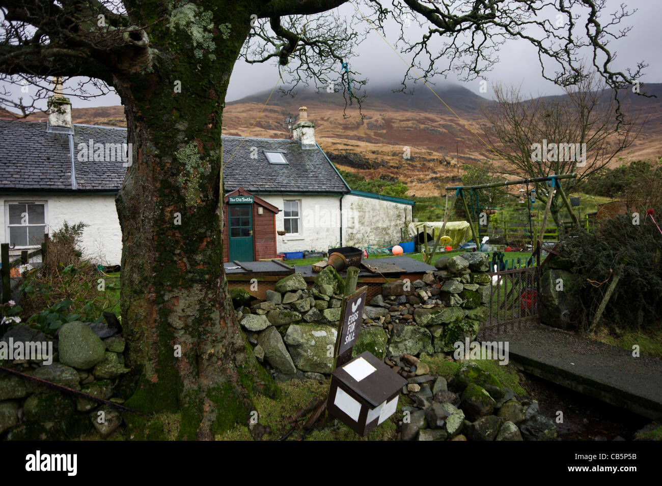 Estate worker Sarah Leggitt's estate cottage, a former Smithy now rearing livestock at Lochbuie, Isle of Mull, Scotland. Stock Photo