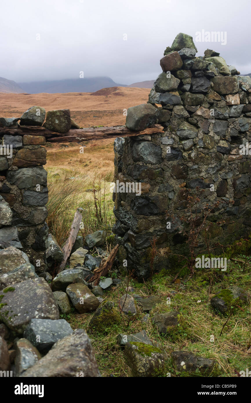 Ruined farm building and distant Glen More, Isle of Mull, Scotland. Stock Photo