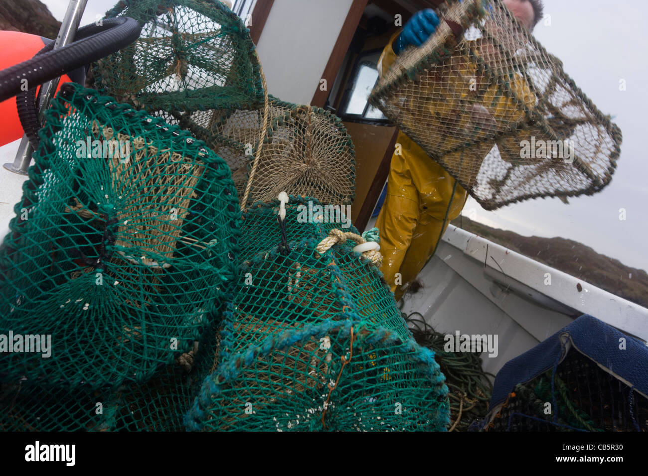 Local fisherman Neil Cameron uses creels to catch Velvet and Green Crab between Fionnphort and Iona, Isle of Mull. Stock Photo