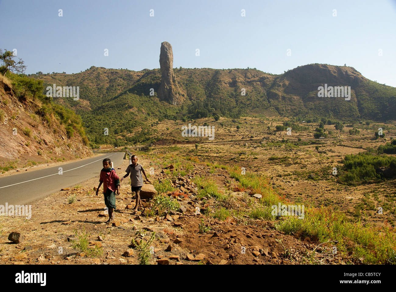 Ethiopia, Amhara Region two children walk in the landscape Stock Photo