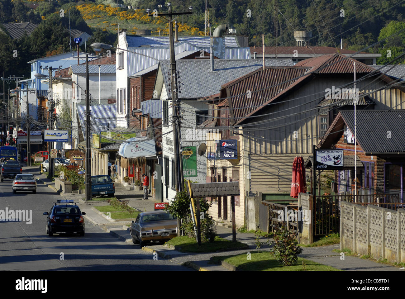 Old houses at San Francisco Street, Puerto Varas, Lake's district, Chile, Southamerica Stock Photo