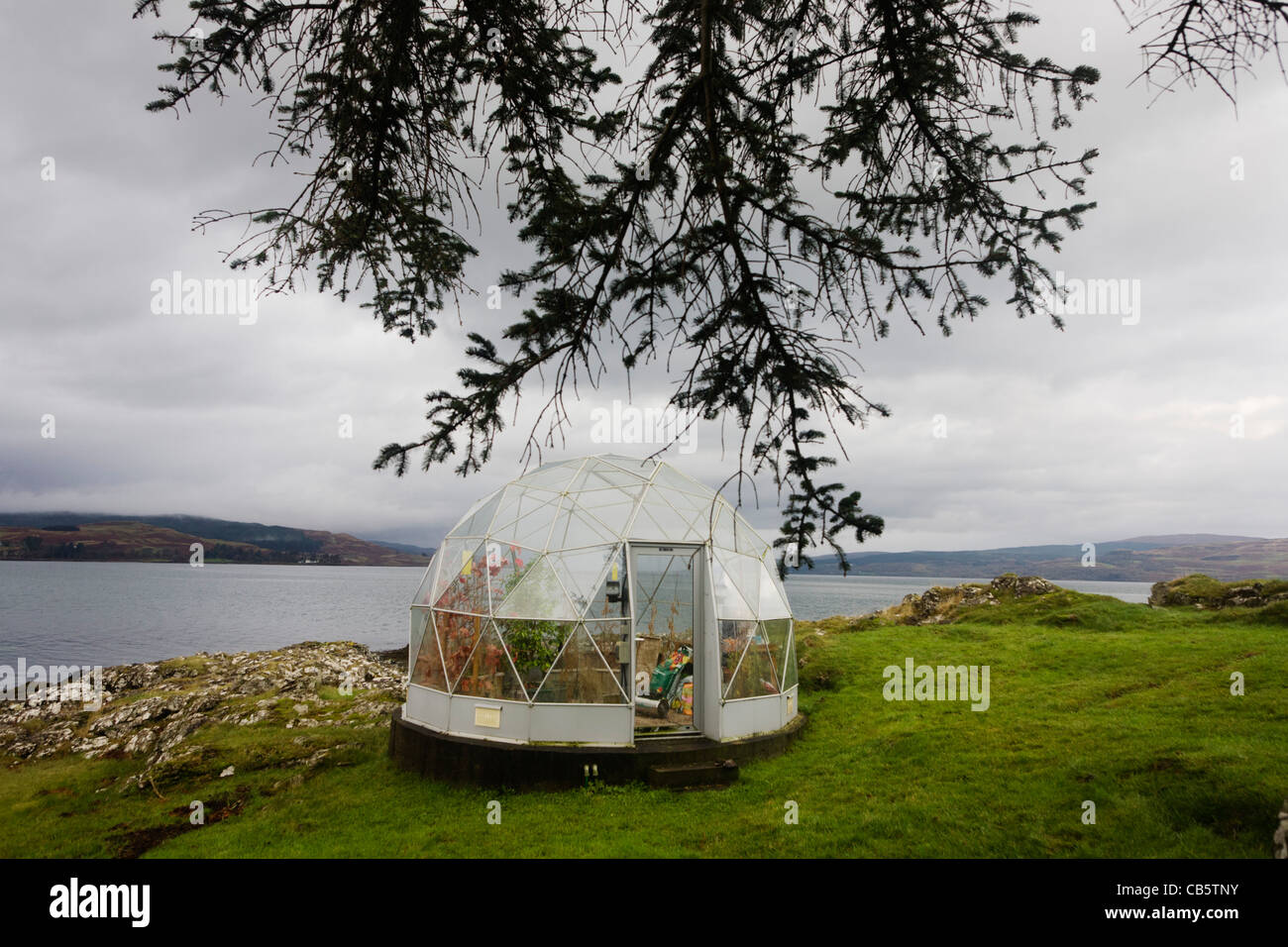 Dome greenhouse overlooking the Sound of Mull, Salen, Isle of Mull, Scotland. Stock Photo