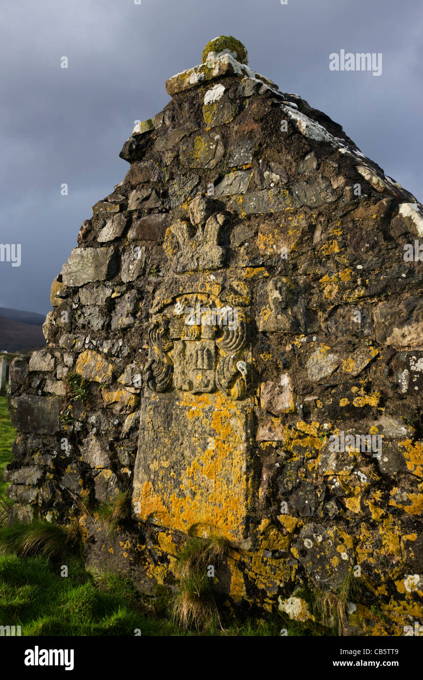 Old tombstone wall in Pennygowan Cemetery (Caol Fhaoileann), Salen Isle of Mull, Scotland. Stock Photo