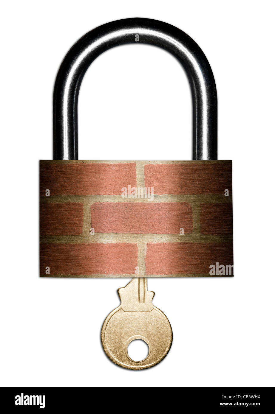 Home Security concept. Padlock and Key with a brick wall superimposed on the body. White background, Cutout Stock Photo