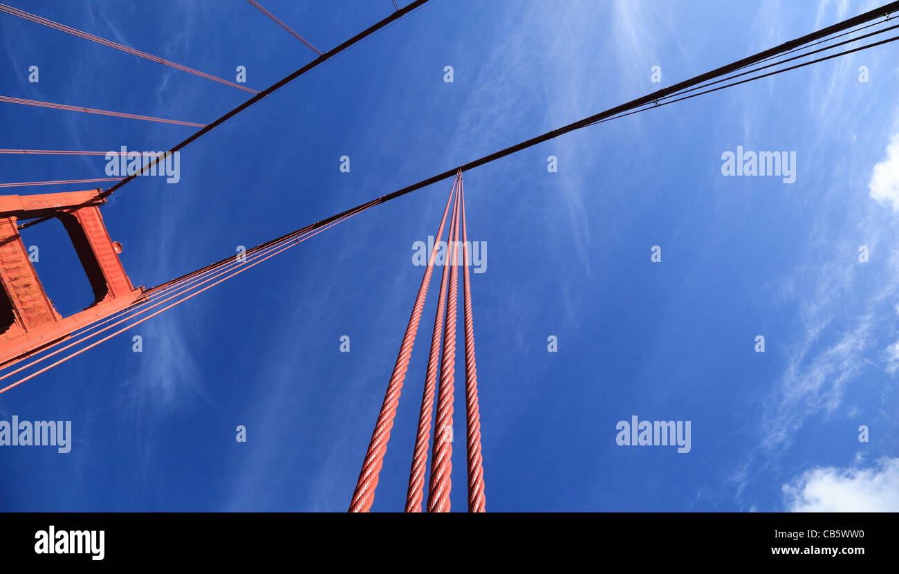Looking towards the sky along tension cables of the Golden Gate Bridge