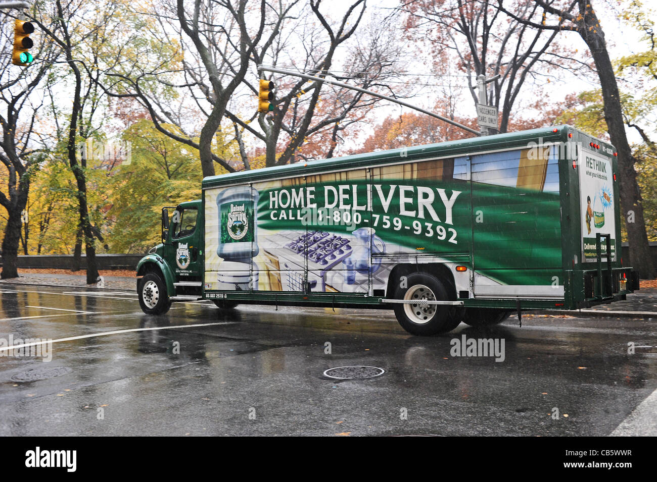 Poland Spring Water delivery truck in traffic driving through Manhattan