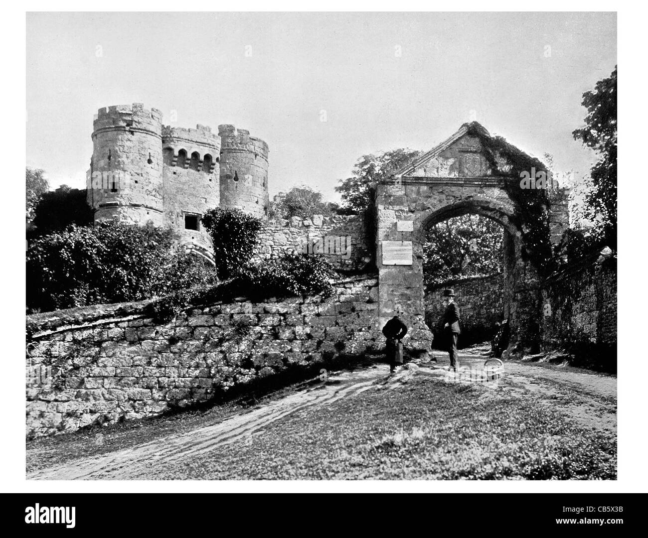 Carisbrooke Castle motte and bailey Newport Isle of Wight England Entrance gateway wall turrets Stock Photo