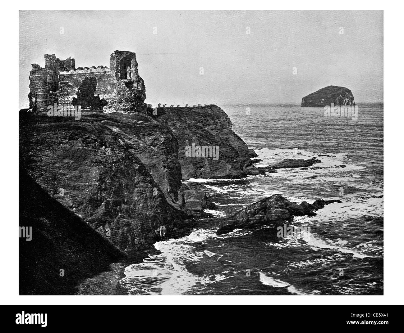 Tantallon Castle fortress North Berwick Scotland Bass Rock medieval curtain wall castle sea cliffs cliff Historic Scotland Stock Photo