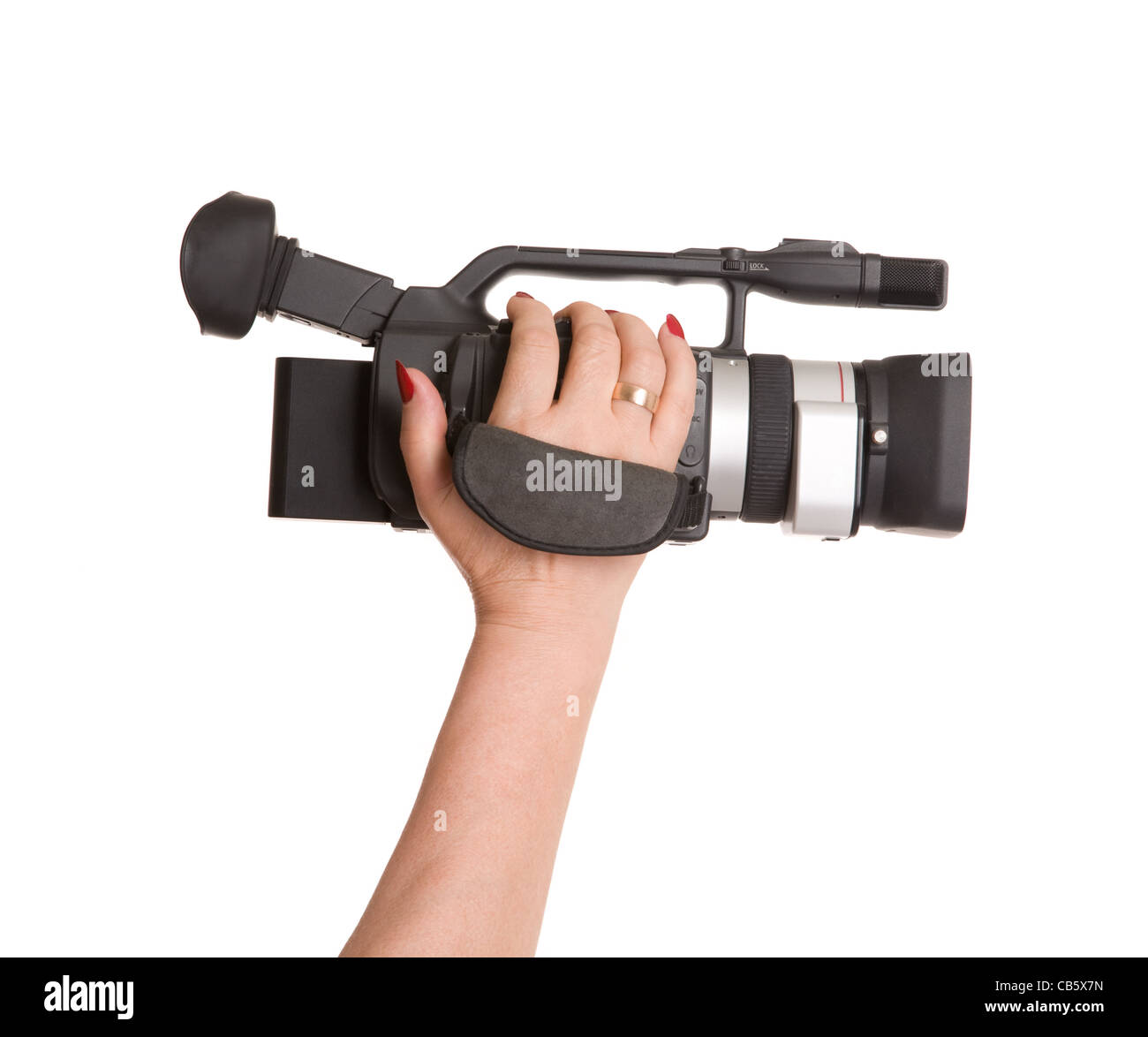 hand of woman with video camera isolated on white background Stock Photo