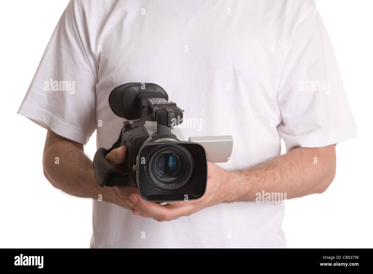 man with camera isolated on white background Stock Photo