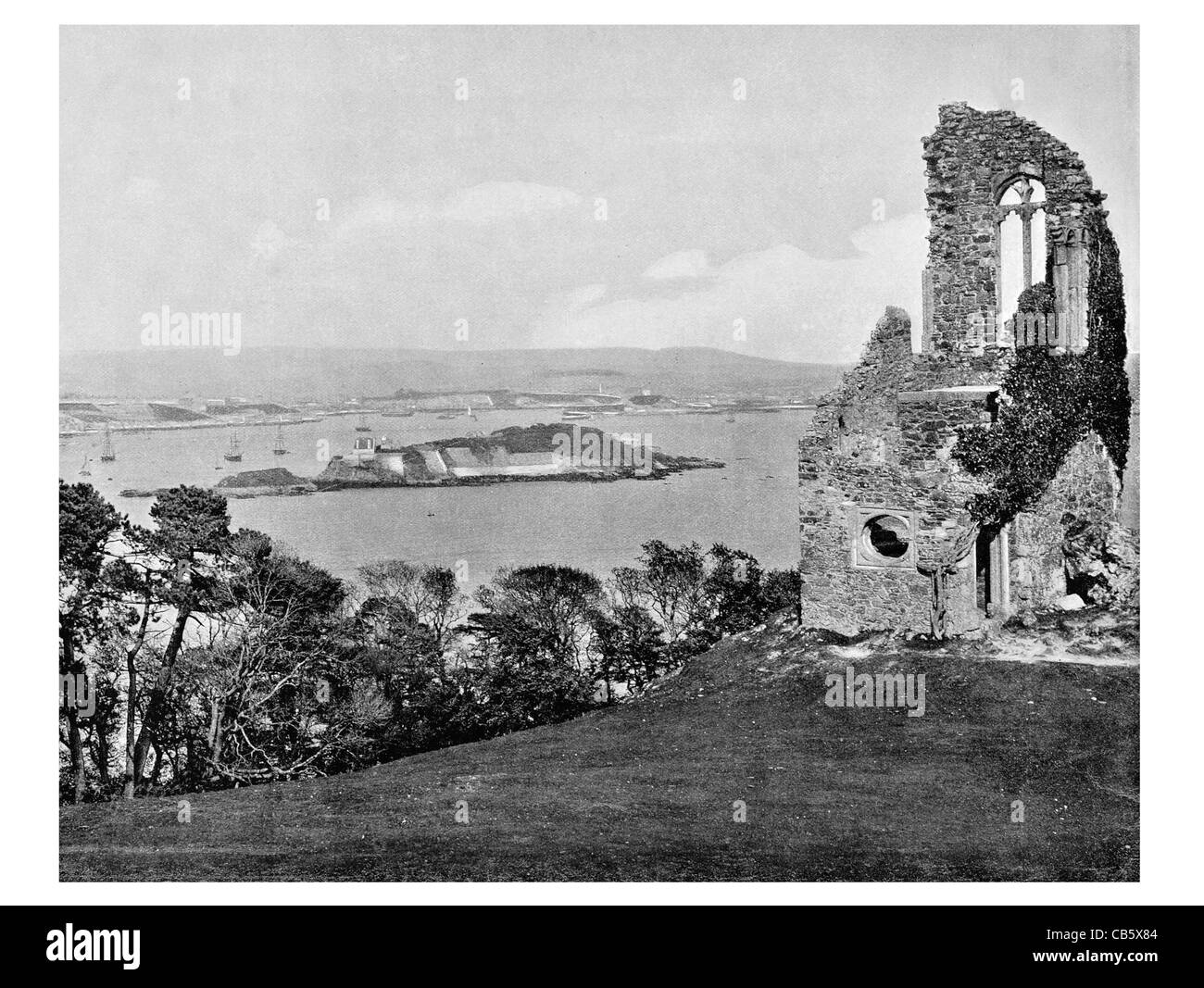 Mount Edgcumbe Cornwall England UK Ruins Ruined Ruin Coast ocean harbour port Stock Photo