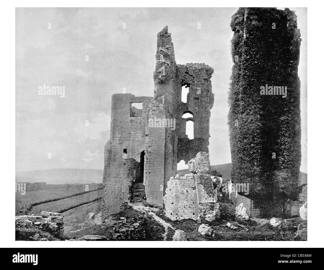 Corfe Castle English Dorset Purbeck Hills ruin ruins ruined Norman Bailey landmark monument Stock Photo