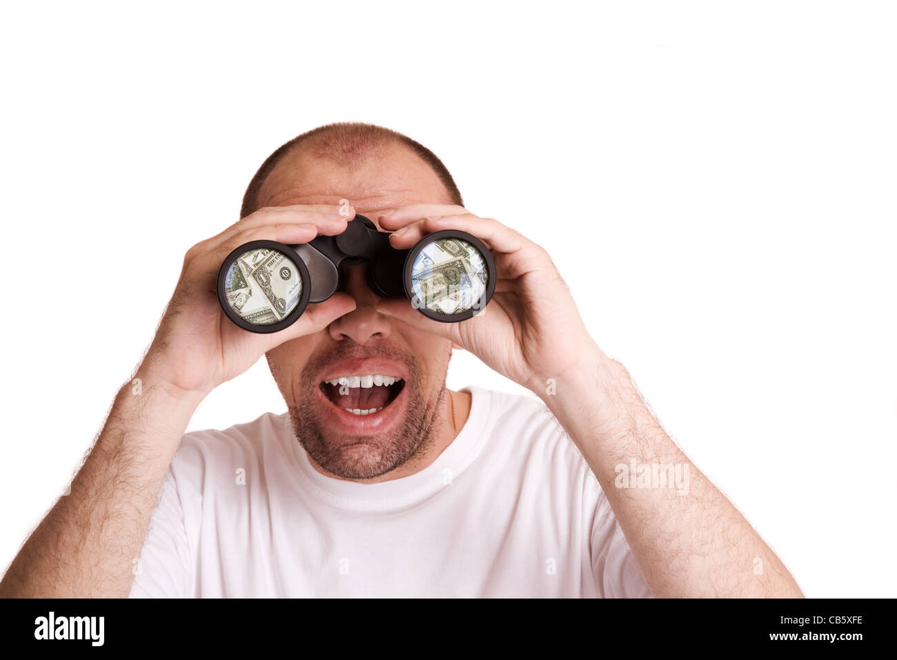 man with binocular isolated on white background Stock Photo