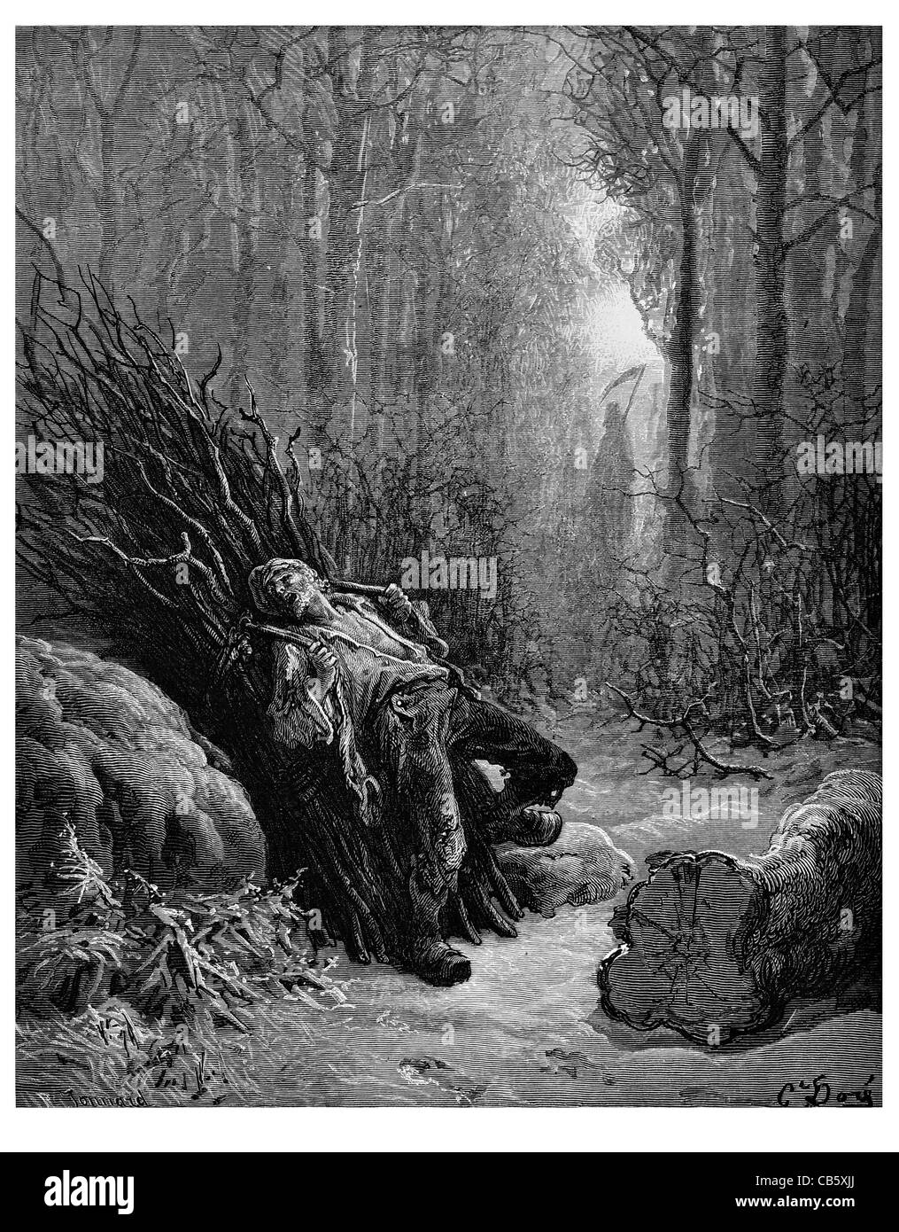 Fontaine Le mort et le bucheron The Death and the Woodcutter forester forest timber woods dying heavy load grim reaper scythe Stock Photo