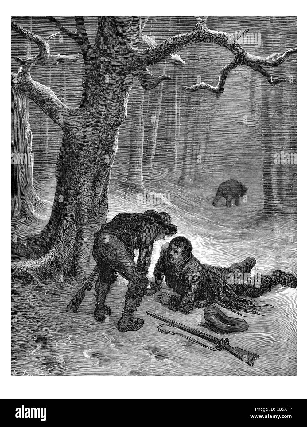 Fontaine L'ours et les deux compagnons hunt hunting hunter blood sport rifle stalking stalk predator prey musket shot winter Stock Photo