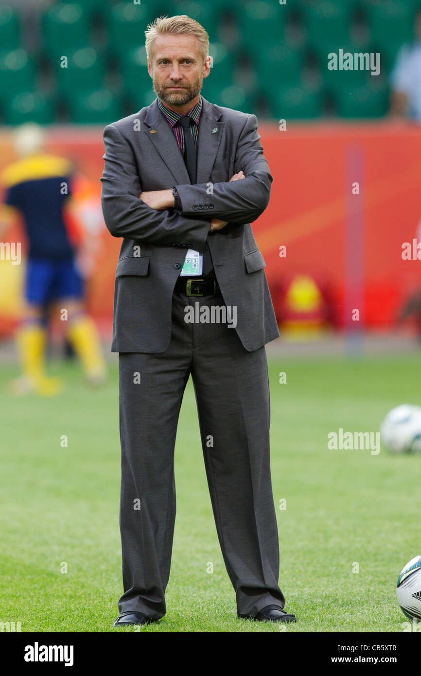 Sweden head coach Thomas Dennerby watches team warmups before the FIFA Women's World Cup Group C soccer match against the USA. Stock Photo