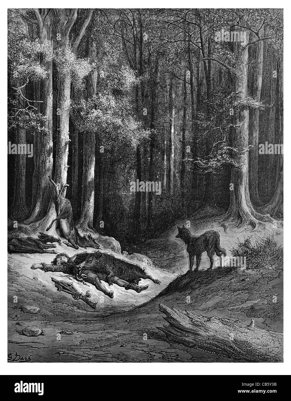 Fontaine Le loup et le chasseur crossbow arrow hunt hunted hunter blood sport woods forest dead body wild boar deer horn kill Stock Photo