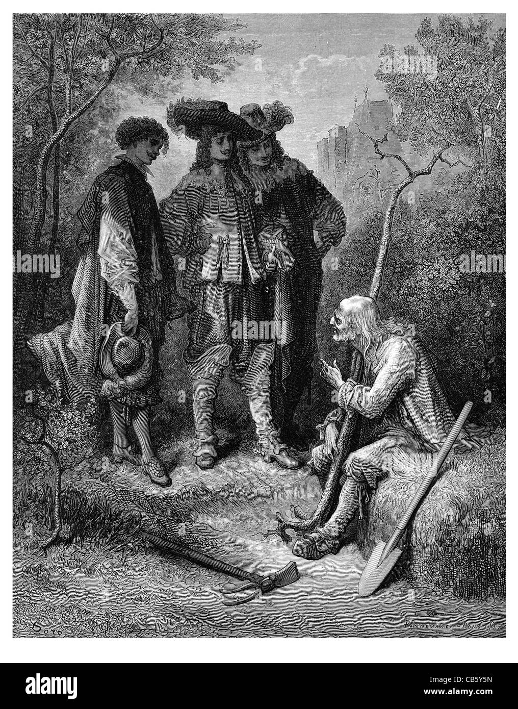 The old man and three young men peasant poor frail pickax spade walking