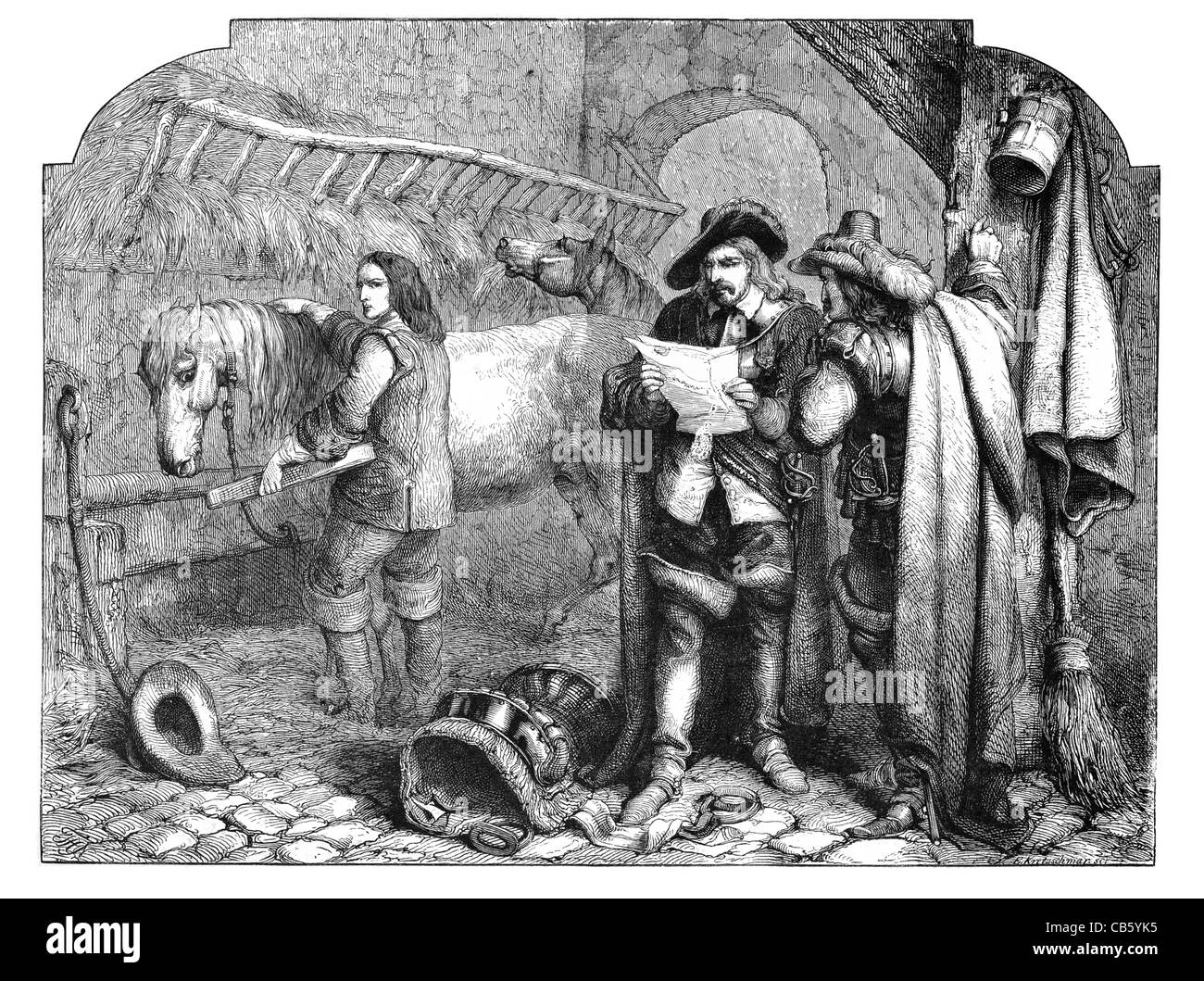 Cromwell Reading the Letter of Charles I at the Blue Boar Holborn stables stable horse saddle period costume cobbles cobbles Stock Photo