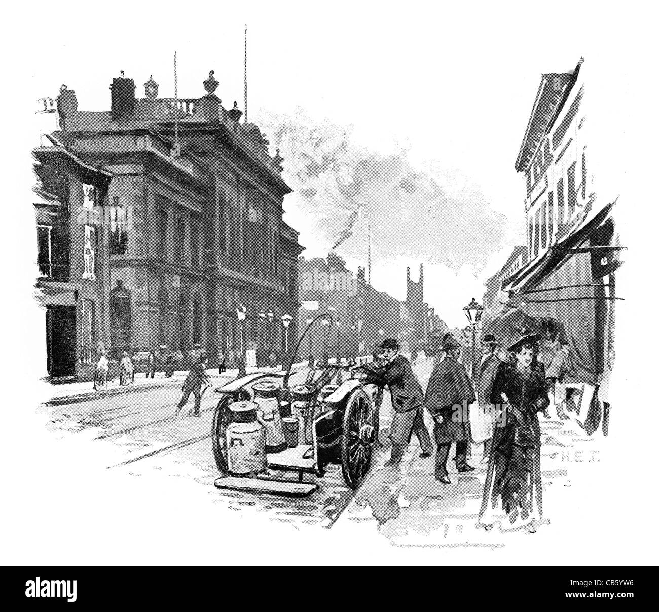 Stretford Road with Hulme old Town Hall and the free library milkman milk delivery dairy horse drawn carriage Stock Photo