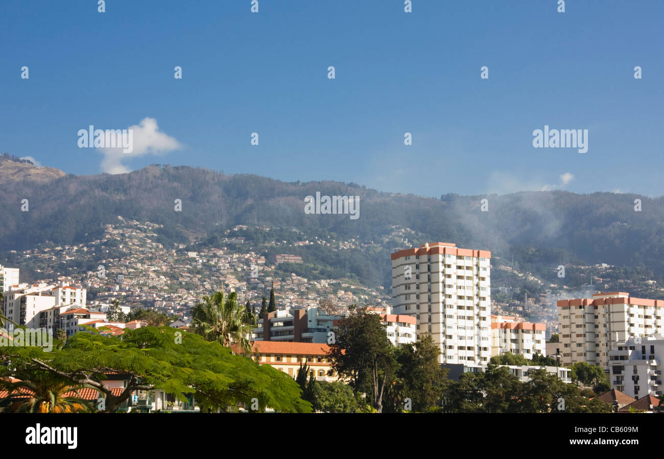 Monte and the mountains behind Funchal from Estrada Monumental, Funchal, Madeira Stock Photo