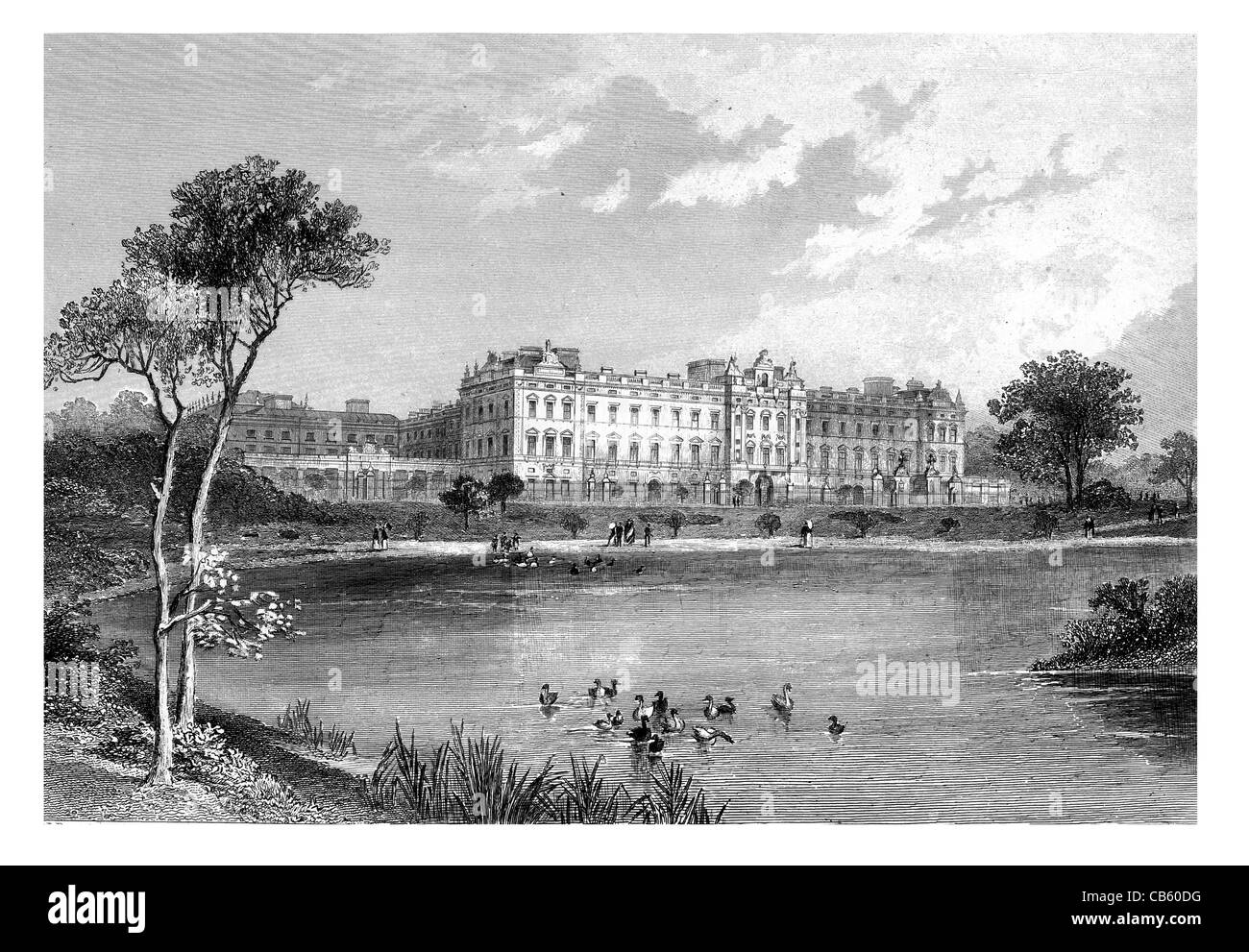 Buckingham Palace London Royal residence British monarch Westminster England Queen King lake pond Stock Photo