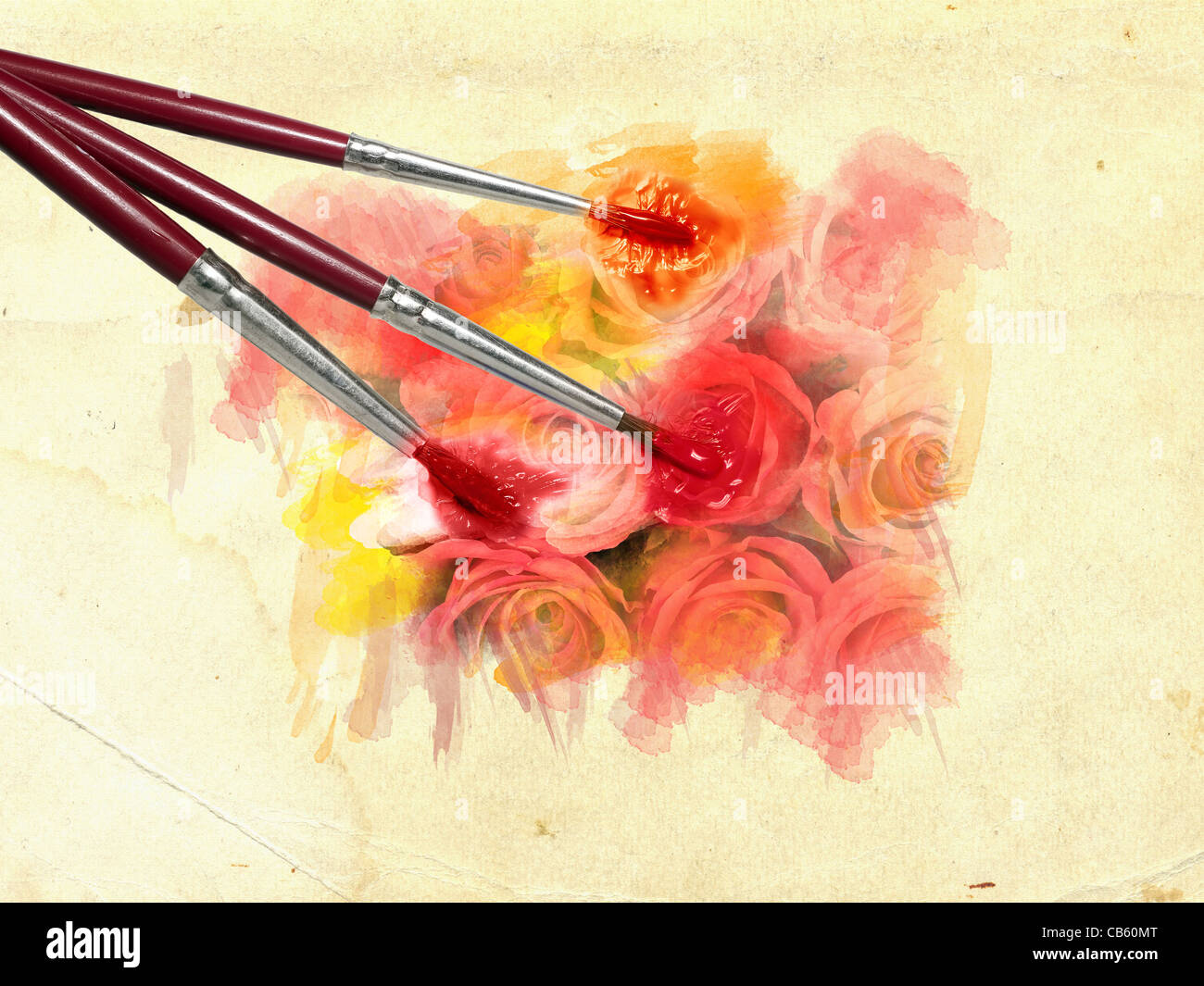 Colorful flowers on old grungy paper background Stock Photo - Alamy