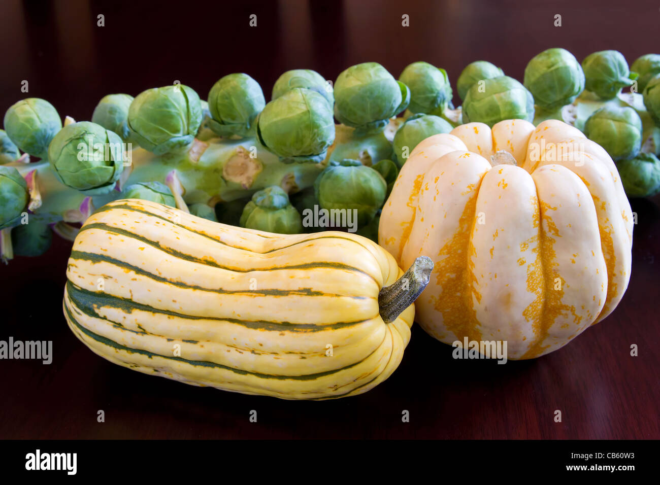 Brussels Sprouts with Sweet Dumpling and Delicata Squash Still Life Stock Photo