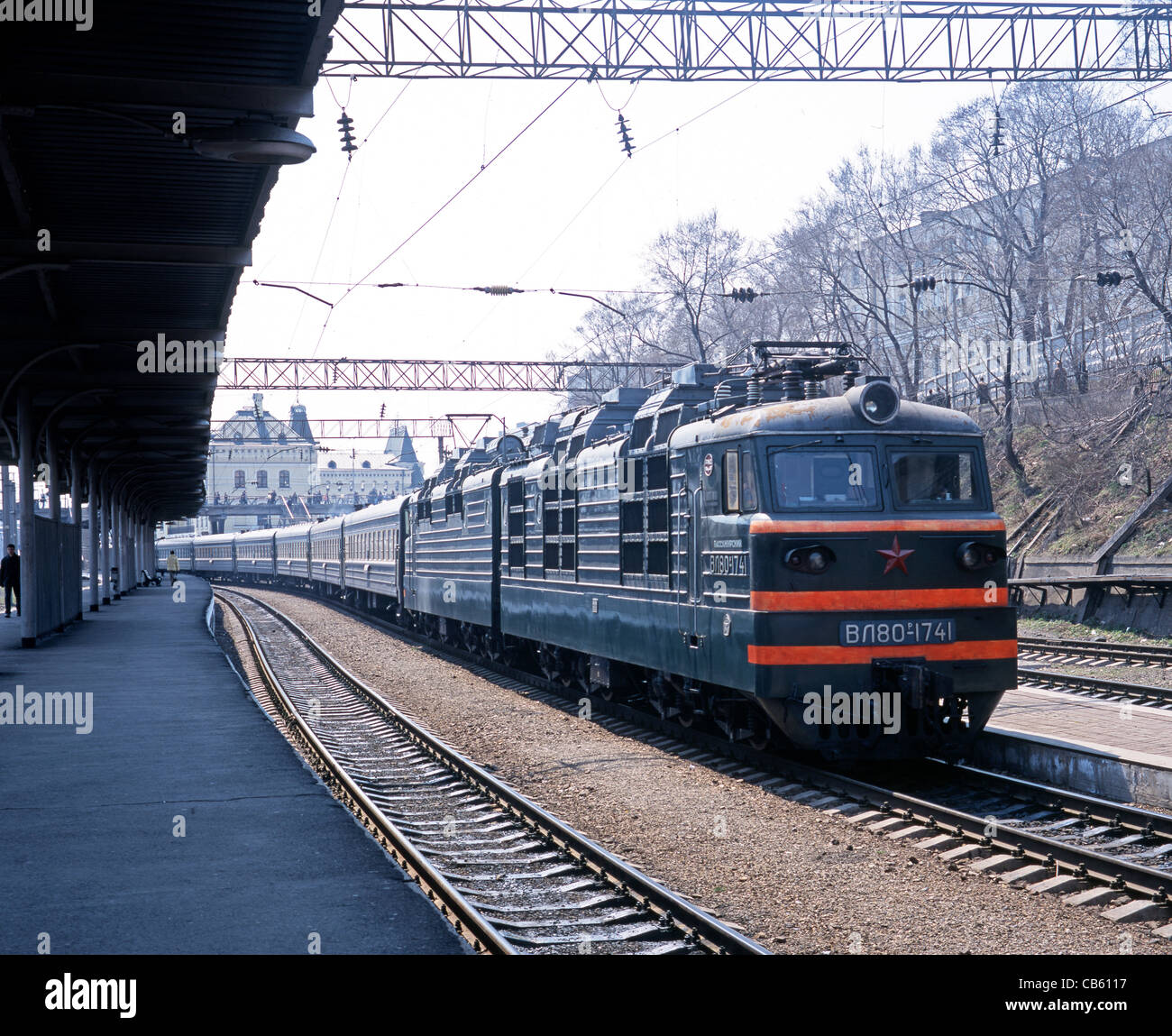 Trans Siberian Express Train in Vladivostok Railway Station, Vladivostok, Primorsky Krai, Russia. Stock Photo