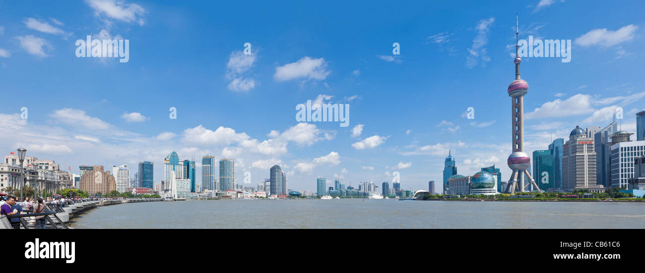 Bund and Pudong waterfront panorama with Oriental pearl building and pudong across the Huangpu river Shanghai PRC China Asia Stock Photo