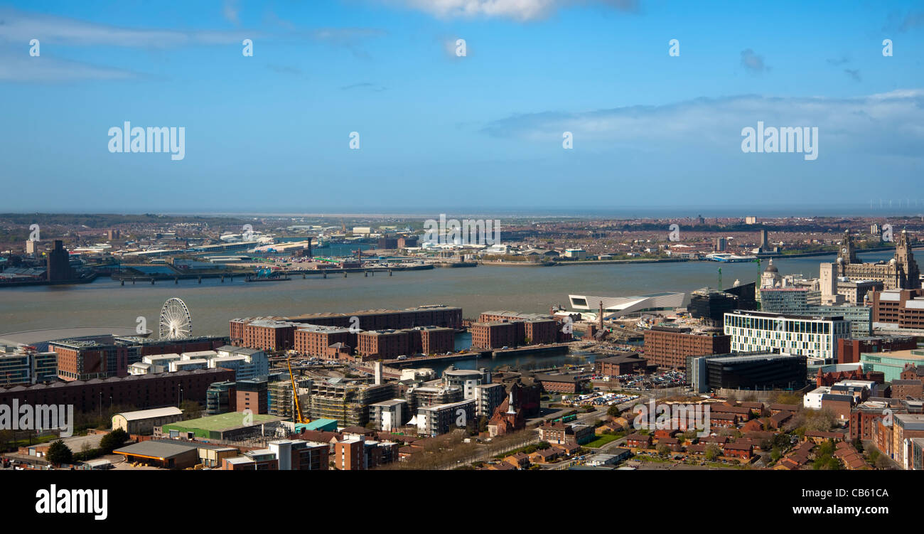 High level view of the Liverpool Waterfront showing the River Mersey, Albert Dock, Liverpool One,the Three Graces and New Museum Stock Photo
