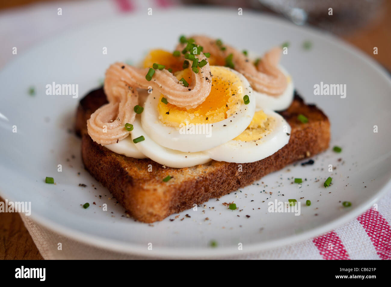 Classic Swedish open faced sandwich of sliced boiled egg topped with