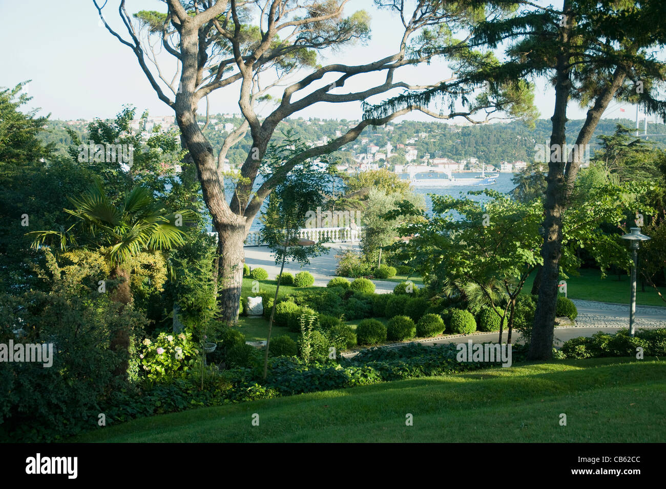 Gardens beside the Bosphorus strait are part of the Sakip Sabanci Museum, extended from a philanthropist's private home Stock Photo