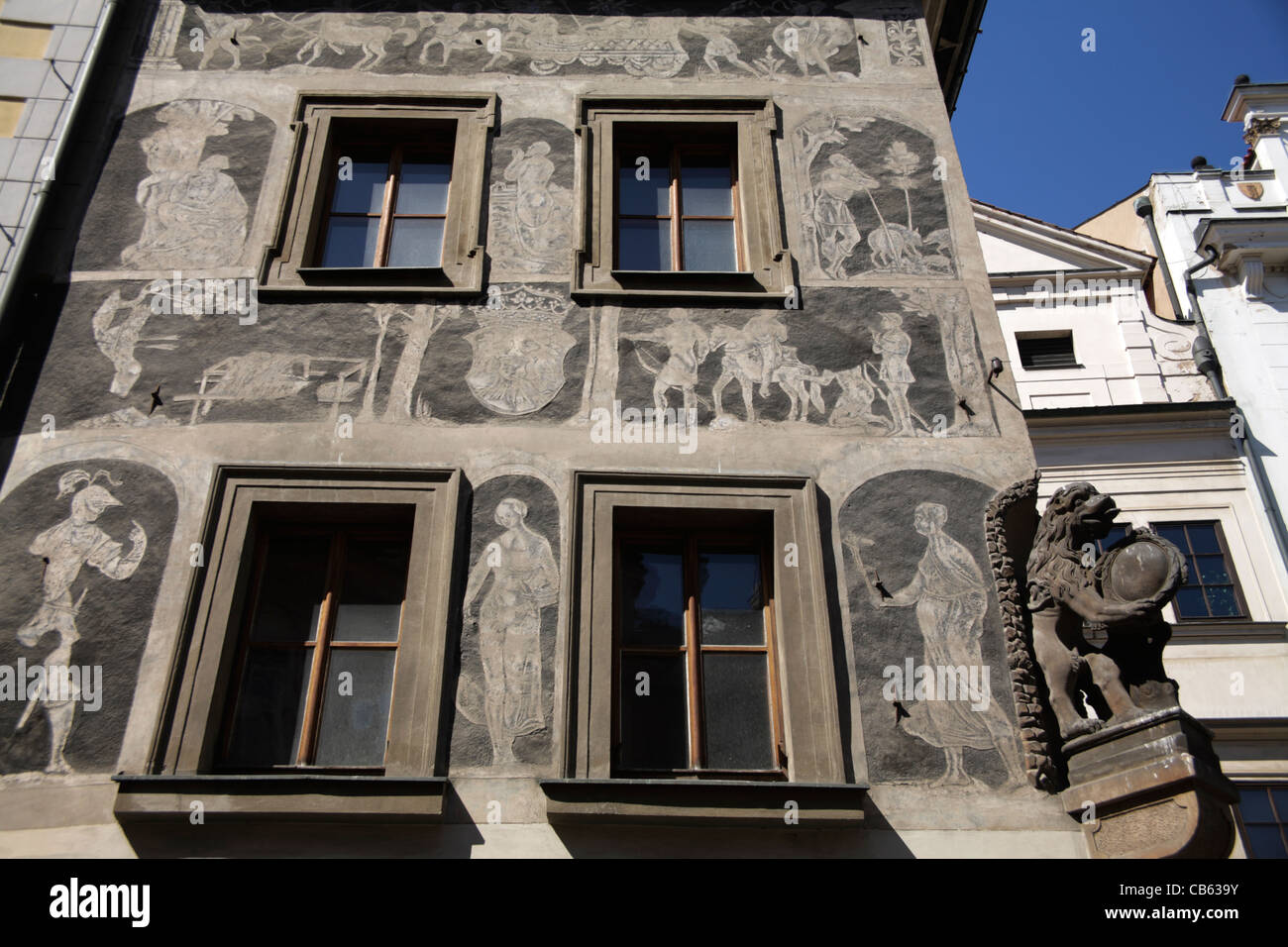 Frescoes on a traditional palace in Stare Mesto (old town), Prague, CZ Stock Photo