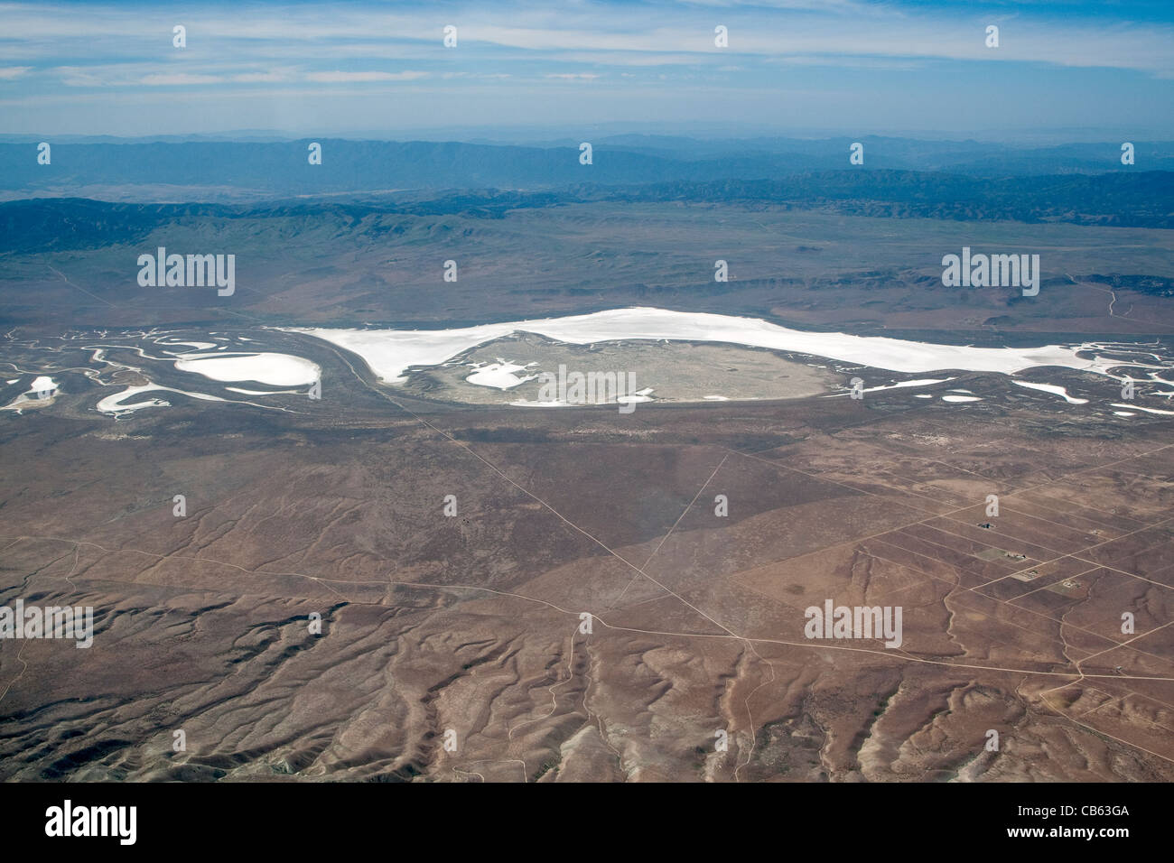 An aerial view of Soda Lake in the Carrizo Plain of California Stock