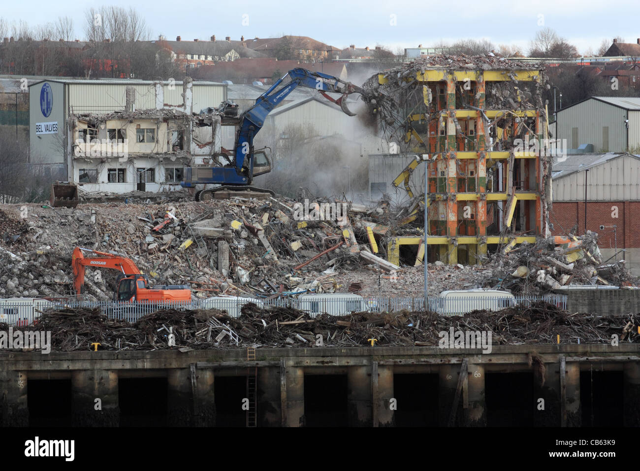 The demolition of  Spiller's riverside flour mill on Tyneside, Newcastle, north east England, UK Stock Photo
