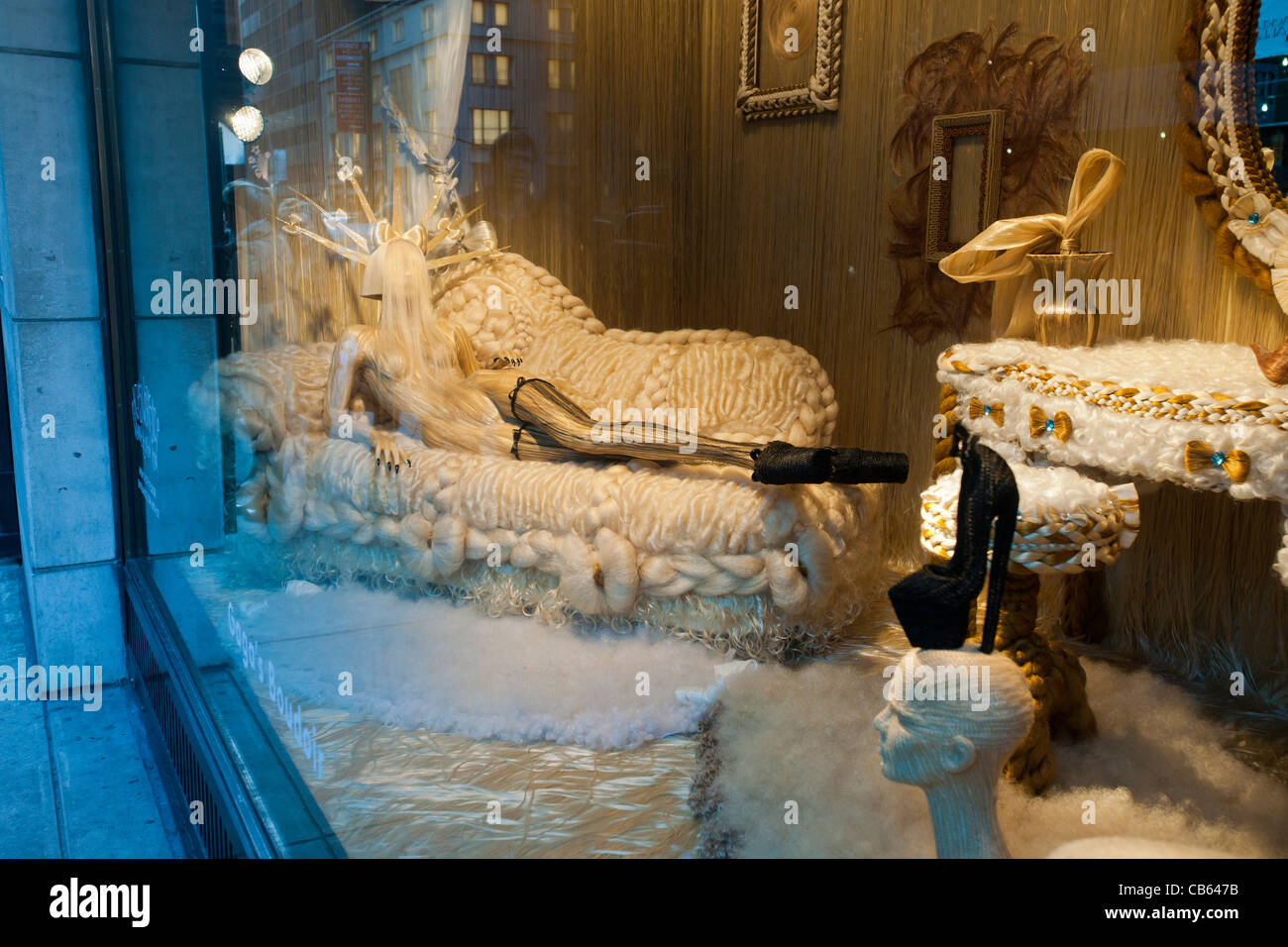 The Barney's Christmas window display, Gaga's Workshop featuring Lady Gaga on Madison Avenue in New York Stock Photo