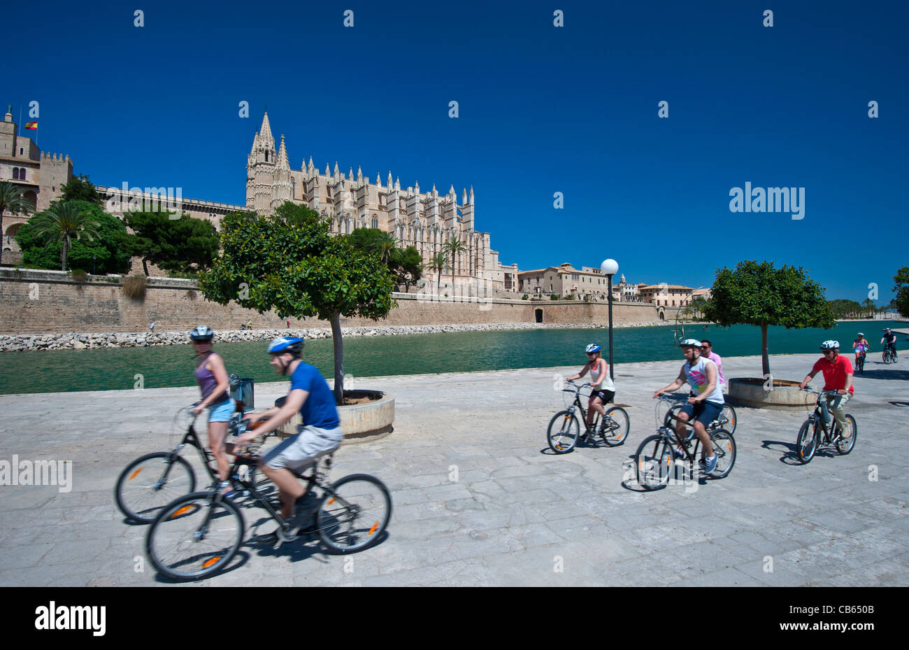 PALMA MALLORCA CYCLING Tour group of cyclists riding near Palma Cathedral in Parc de la Mar Palma historic center Mallorca Spain Stock Photo
