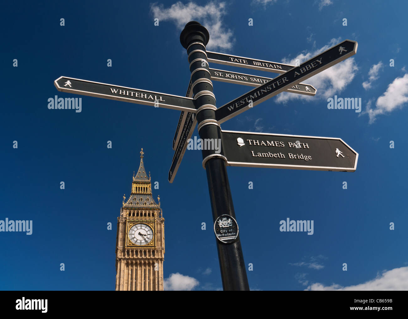 WESTMINSTER Sign post in Westminster directing visitors to various points of interest Big Ben Clock Tower in background London UK Stock Photo