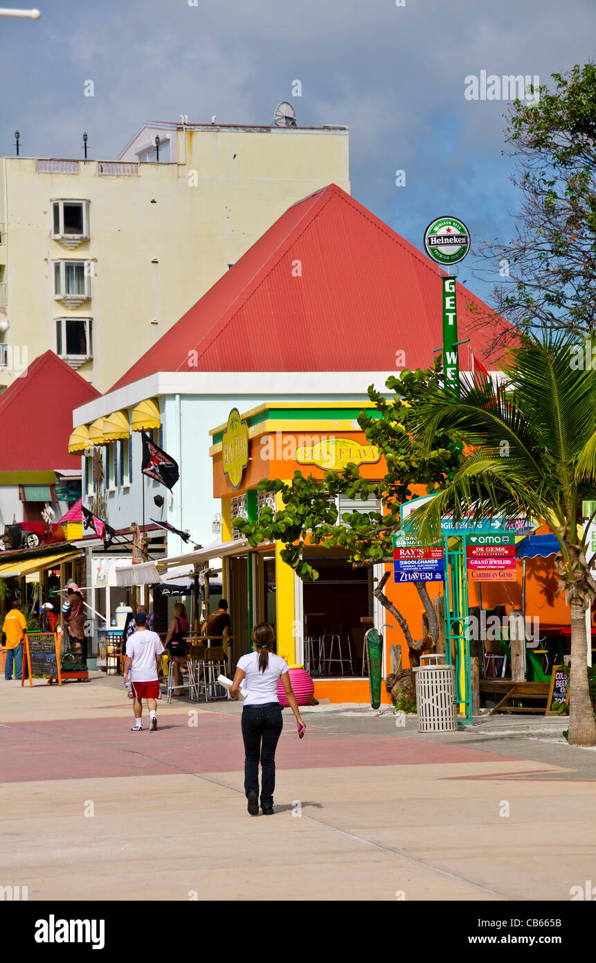 Colorful shops and stores on Front Street in Philipsburg, St Maarten Stock Photo