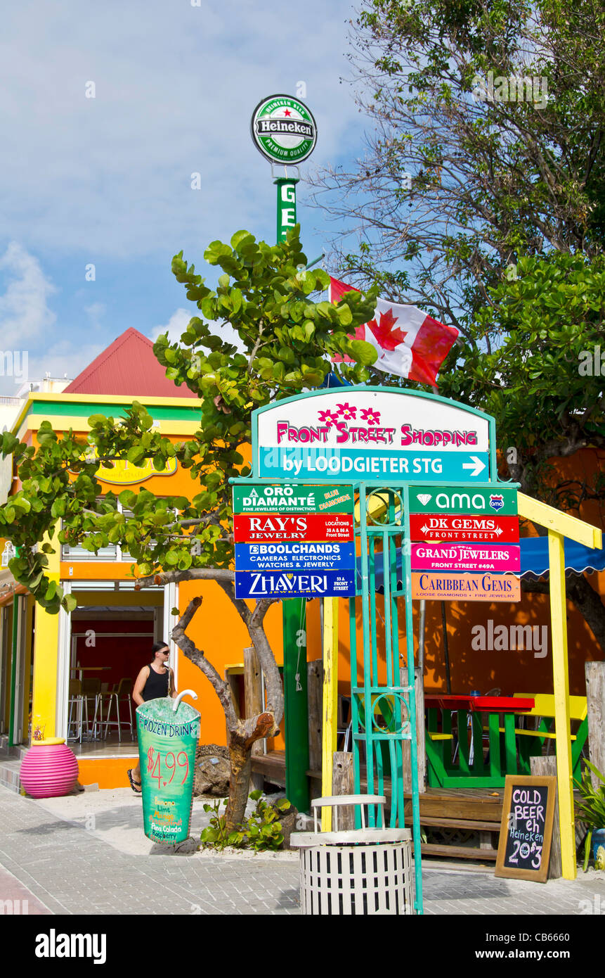 Colorful shops and store signs on Front Street in Philipsburg, St