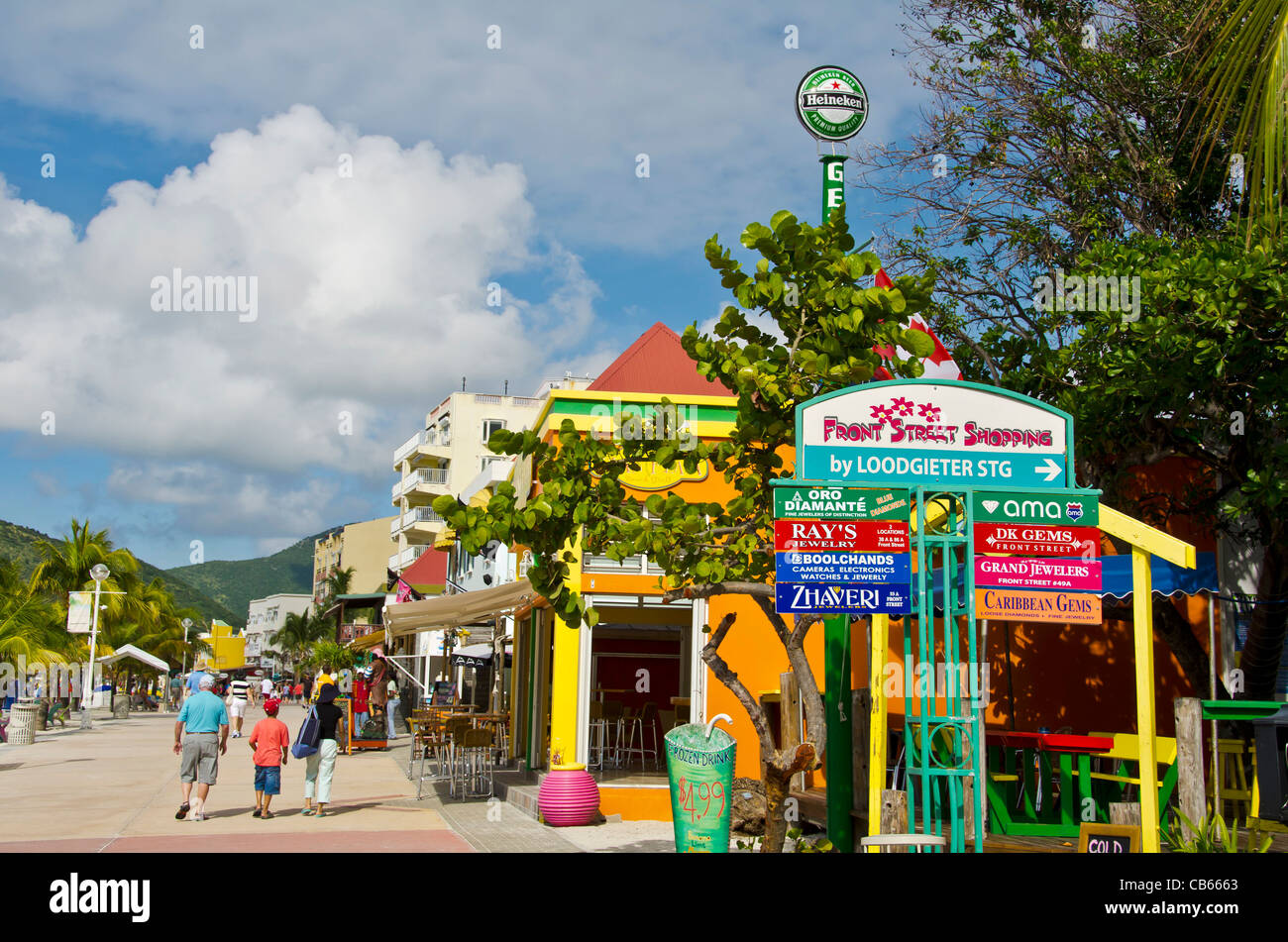 A row of colorful shops and signs  on Front Street in Philipsburg, St Maarten Stock Photo
