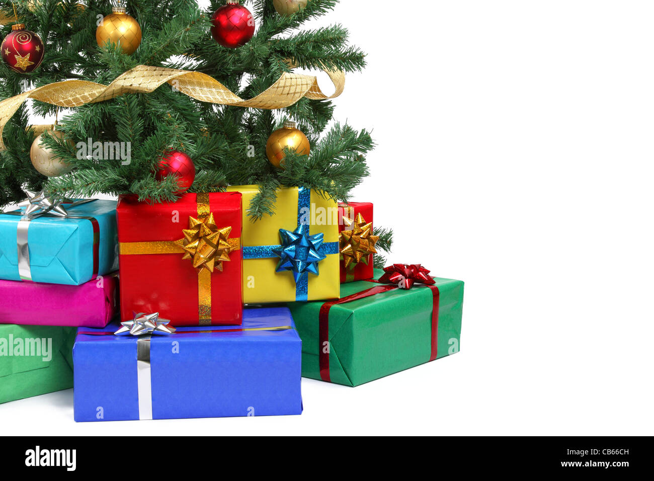 Closeup of Christmas tree and gifts,Copy space for your text. Stock Photo