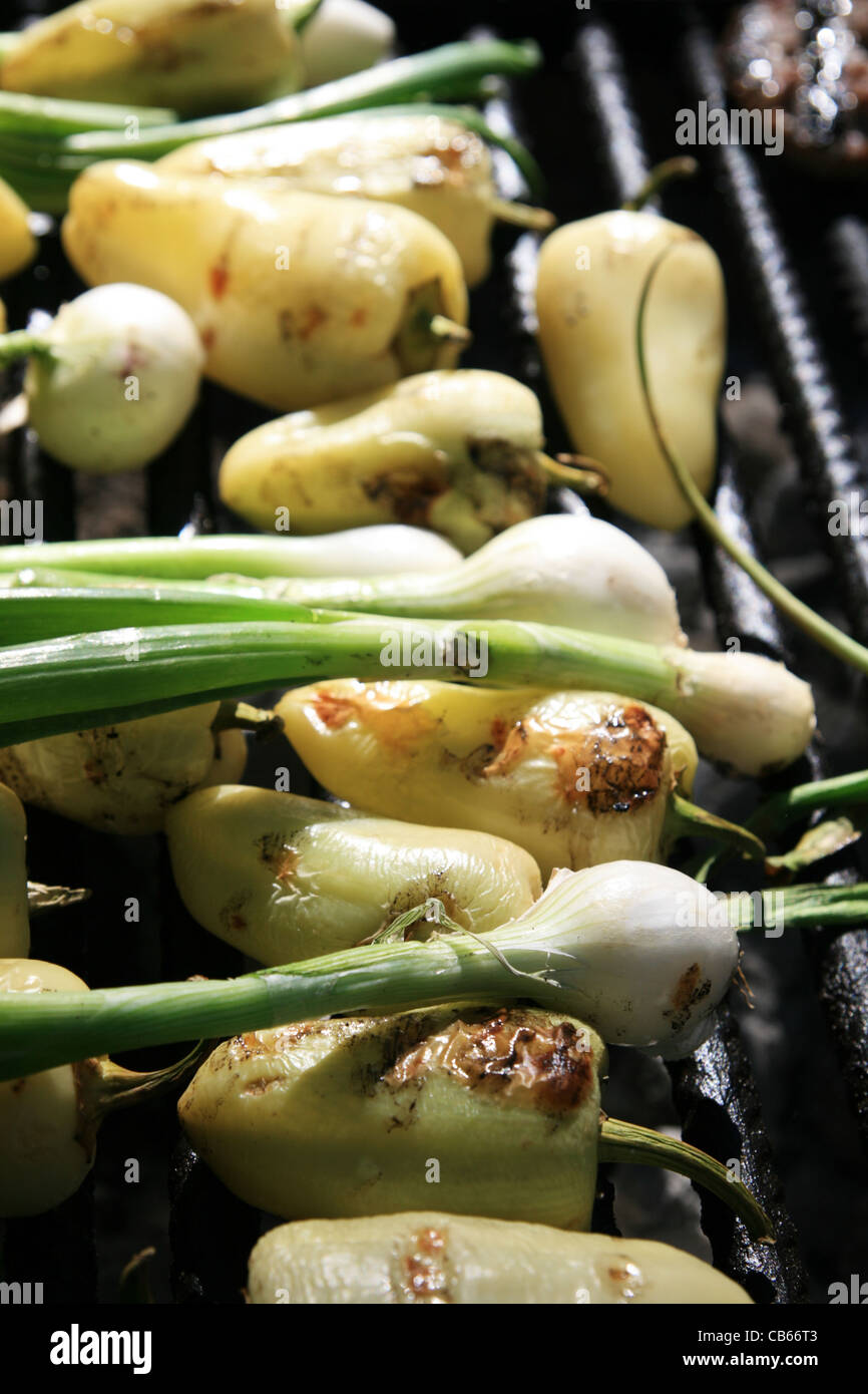 grilled vegetables (peppers and onions) on a barbecue grill Stock Photo