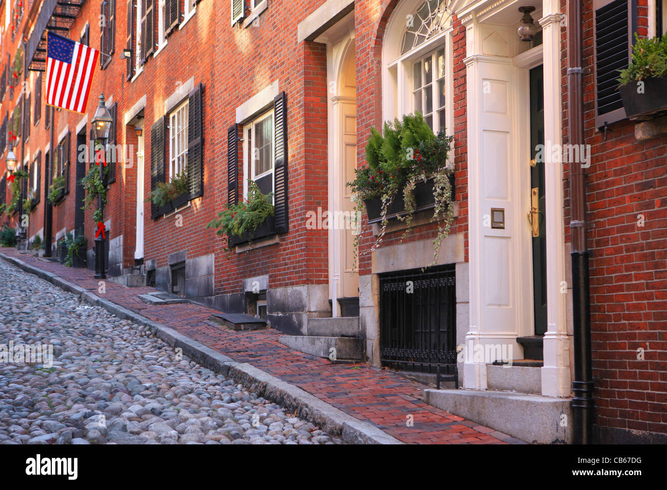 Beautiful historic Acorn Street in Beacon Hill, Boston, Massachusetts Stock Photo