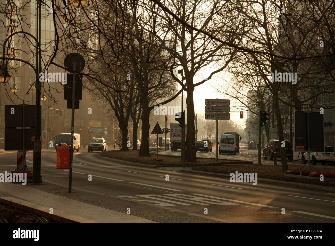 Berlin, Germany, March 02, 2011: Crossing budapest street, Nürnberger street and Kurfürstenstraße in the morning with car waiting on traffic light Stock Photo