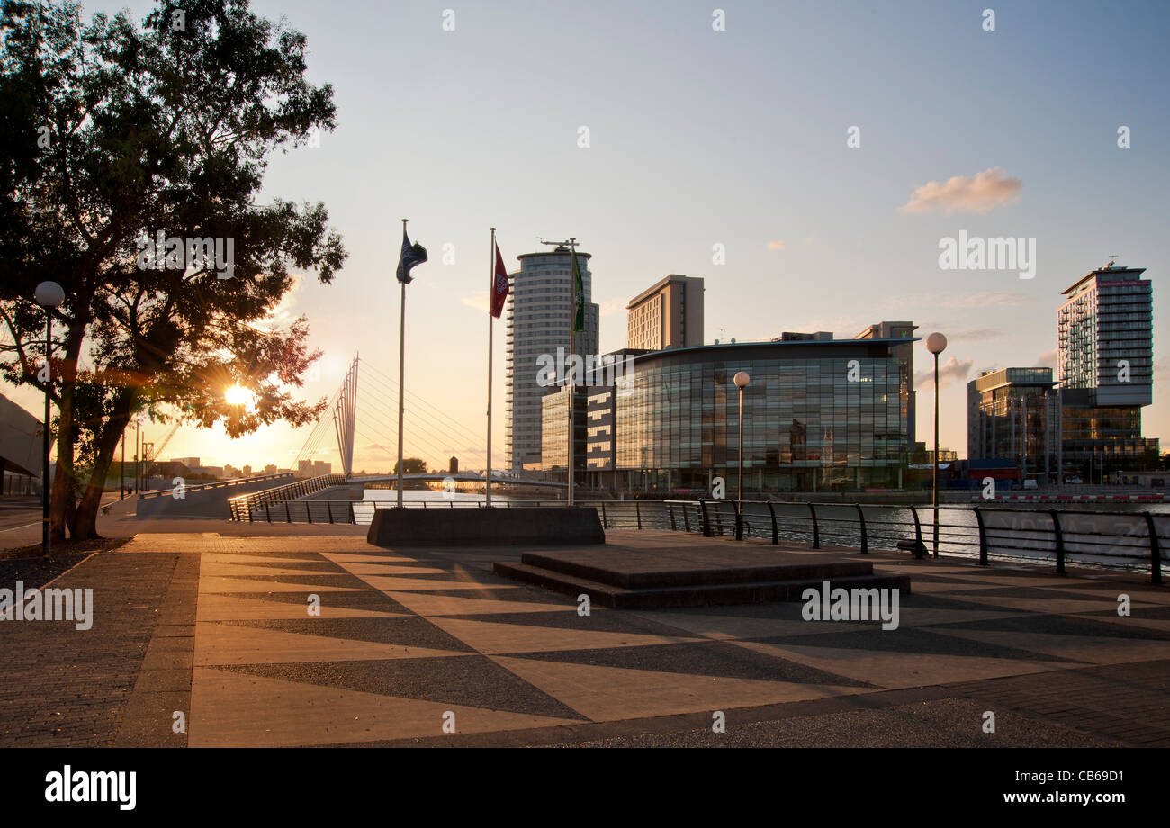 Evening view of MediaCityUk from Trafford Promenade, Salford Quays Stock Photo