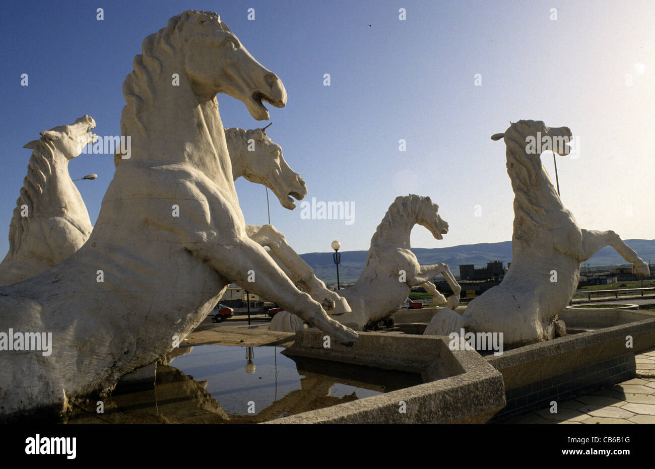 Arab sculpture under Saddam. Horse sculpture fountain in Sulaimania. Battle horses. Symbolism of