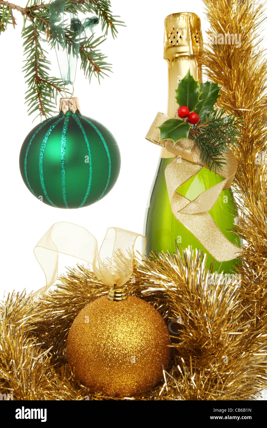 Champagne tinsel and baubles Stock Photo Alamy